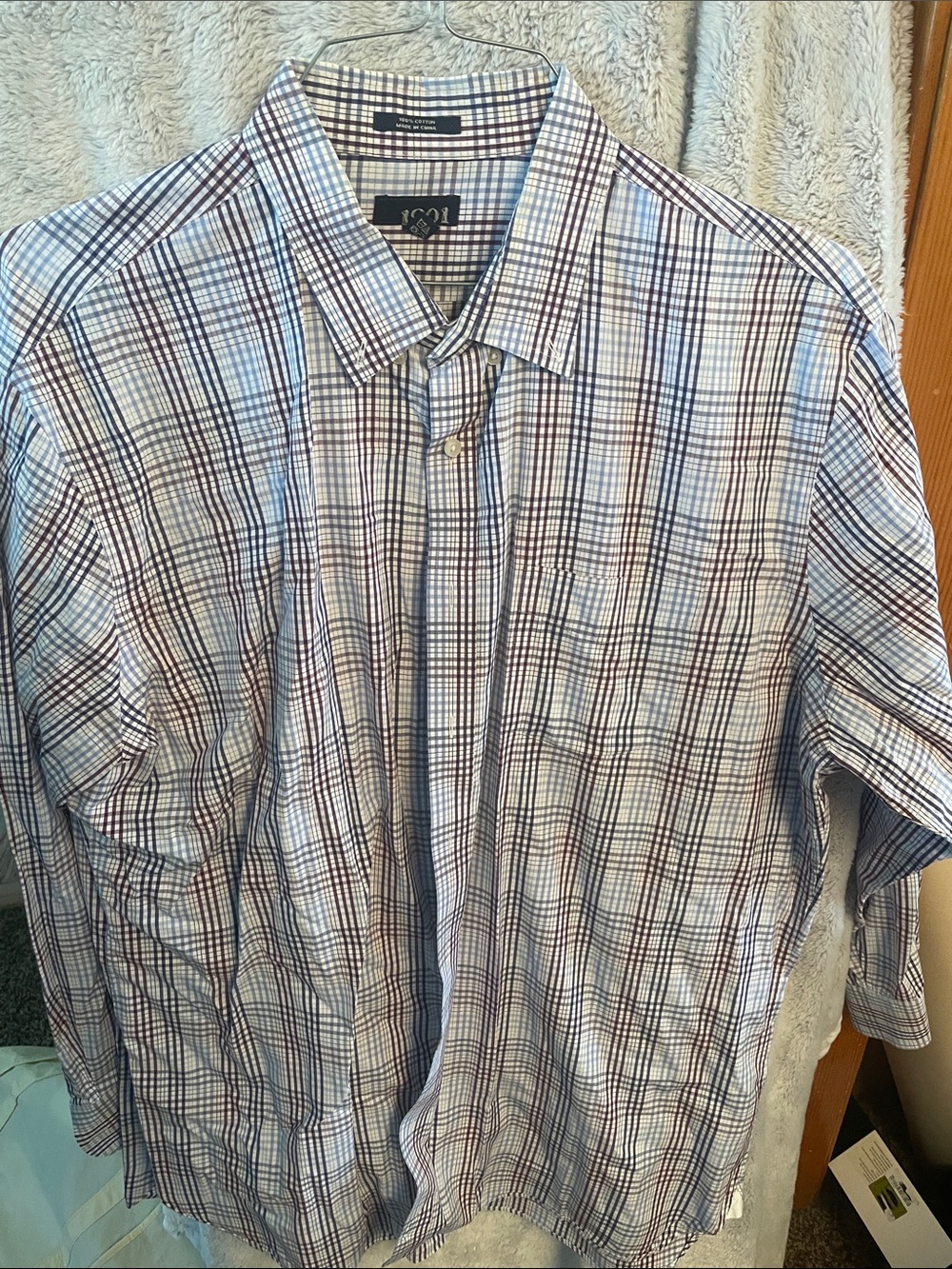 1901 Men's White, Blue and Brown Plaid Button-Down Shirt